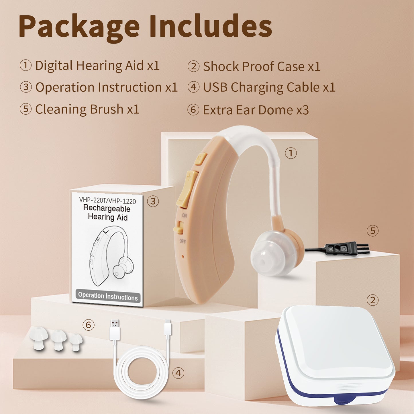 Delmicure VHP-1220 Hearing Aid for Seniors, Rechargeable Hearing Amplifier for Hearing Loss, Single (Beige)