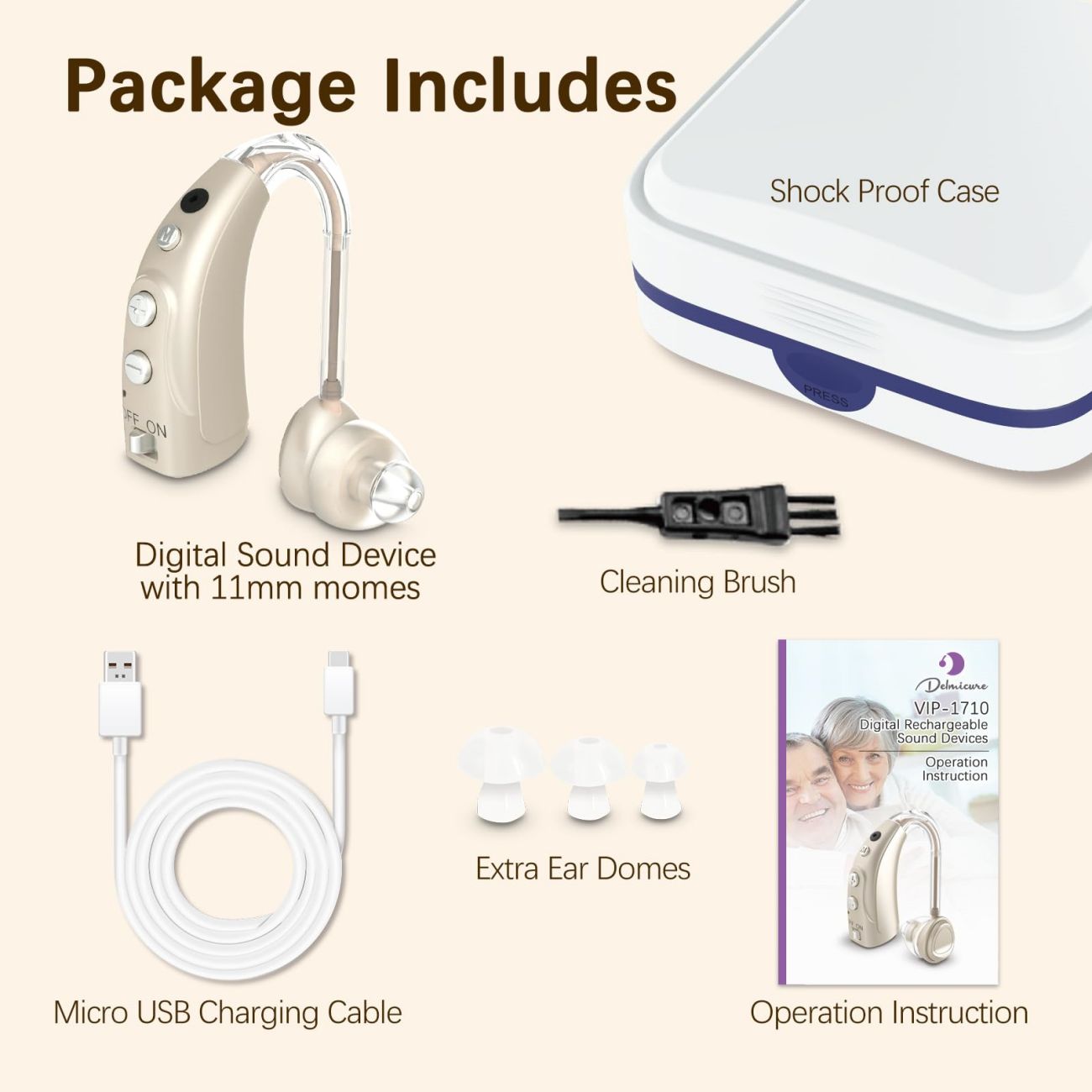 Delmicure VHP-1710 Digital Hearing Aids for Adults with 16 Channels & 4 Modes, for Hearing Loss, Single (Gold)