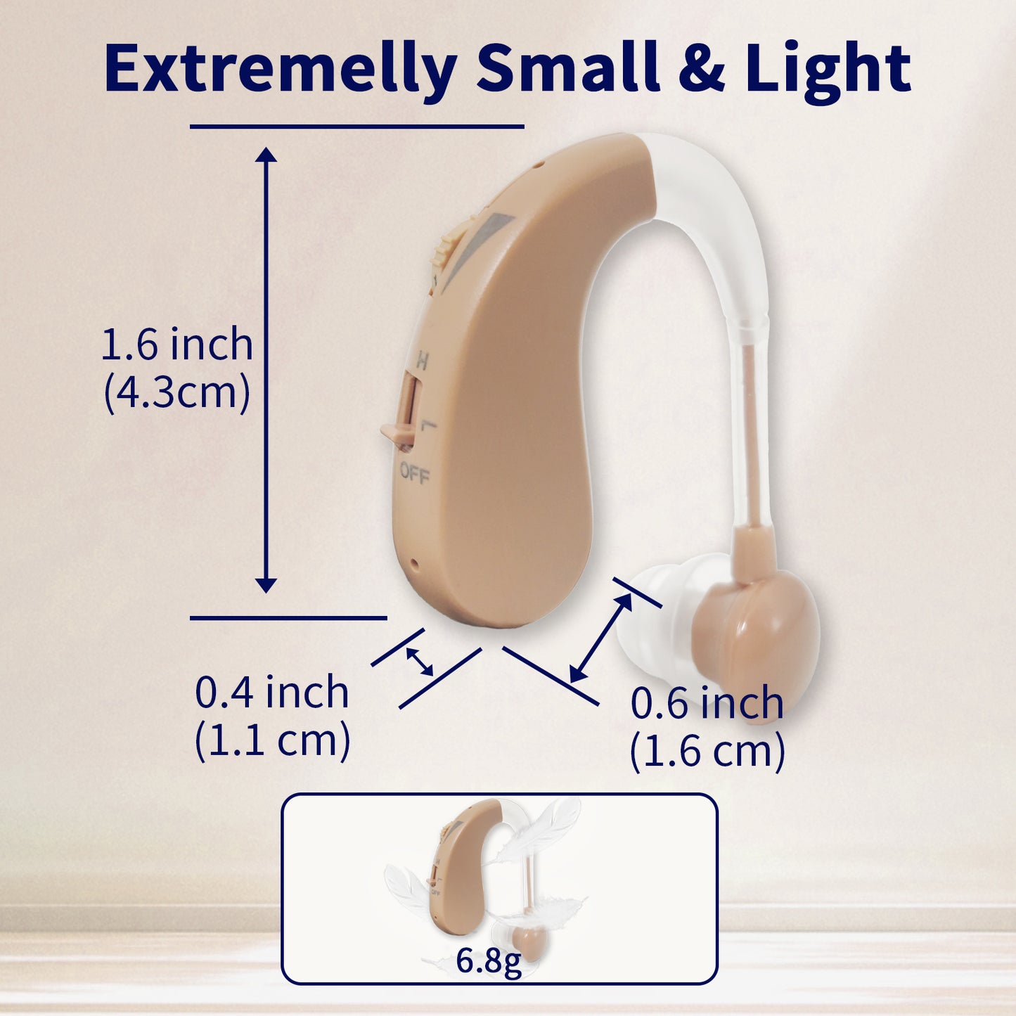 Delmicure VHP-1204 Hearing Aid for Seniors, Rechargeable Hearing Amplifier for Hearing Loss, Single (Beige)