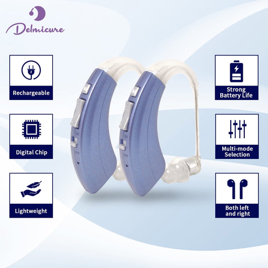 Delmicure VHP-1222 Hearing Aids for Seniors, Rechargeable Hearing Amplifiers for Hearing Loss, Binaural (Blue) - Mini Speaker