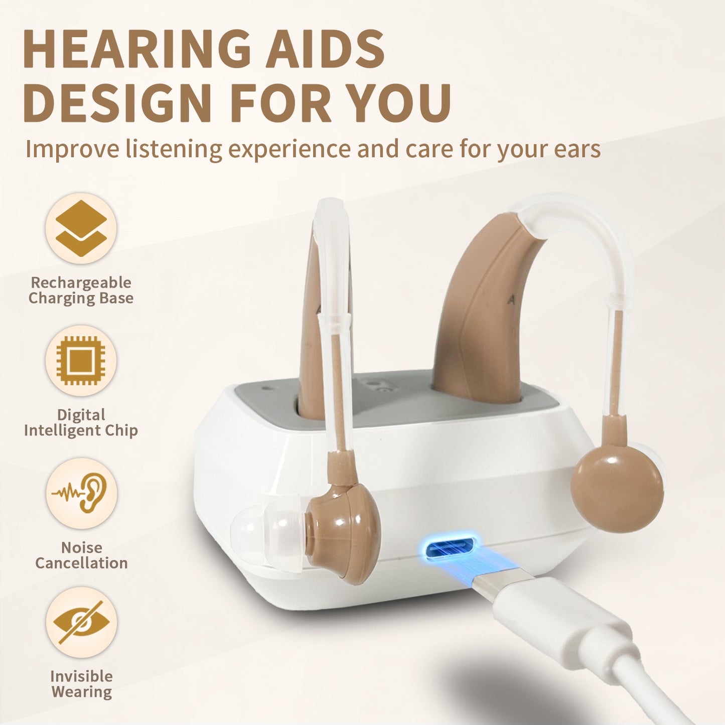 Delmicure VHP-1021 Hearing Aids for Adults, Hearing Amplifier with Charging Dock, Binarual (Beige) - Control with Button