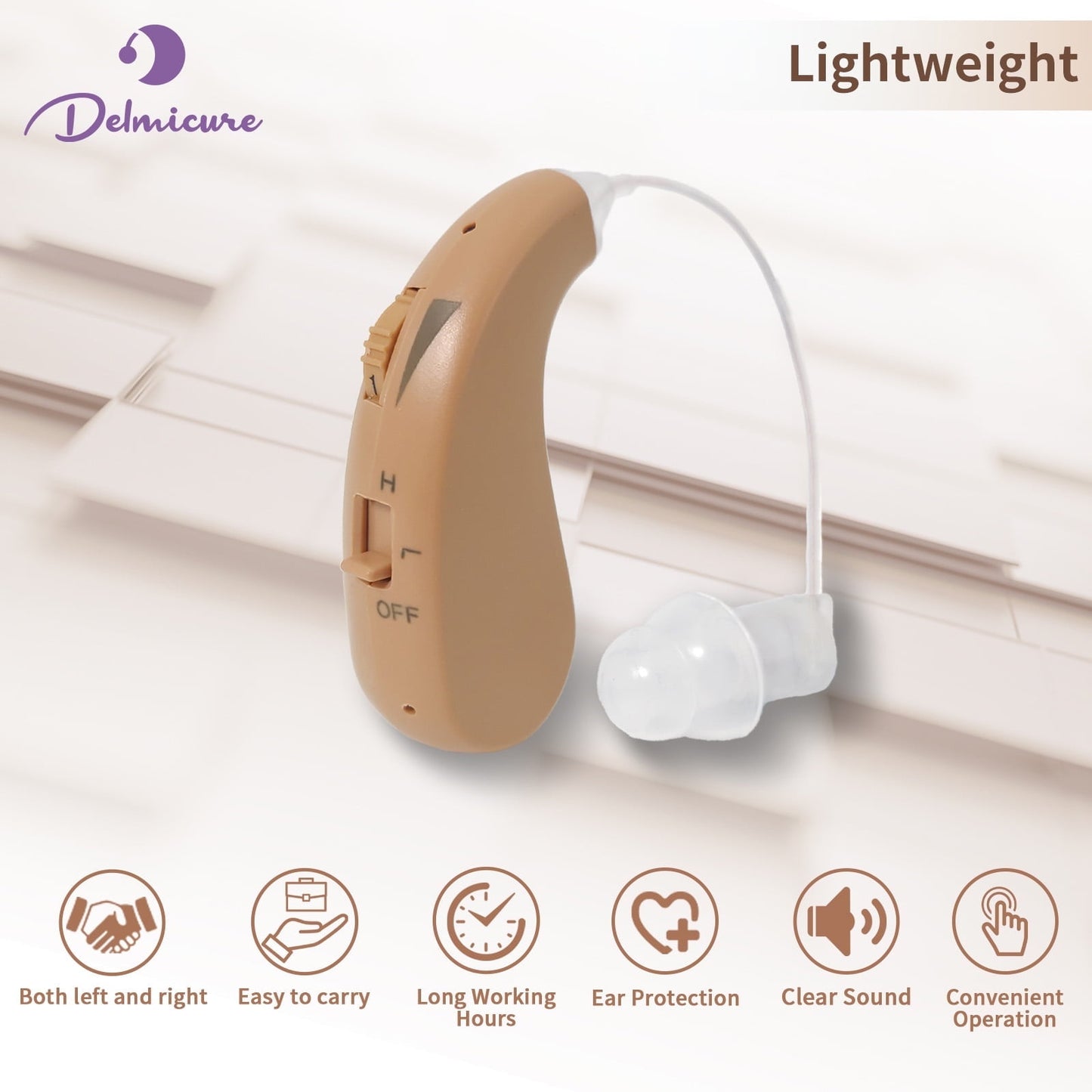 Delmicure VHP-1206 Hearing Aid for Seniors, Rechargeable Hearing Amplifier for Hearing Loss, Mini Speaker, Single (Beige)