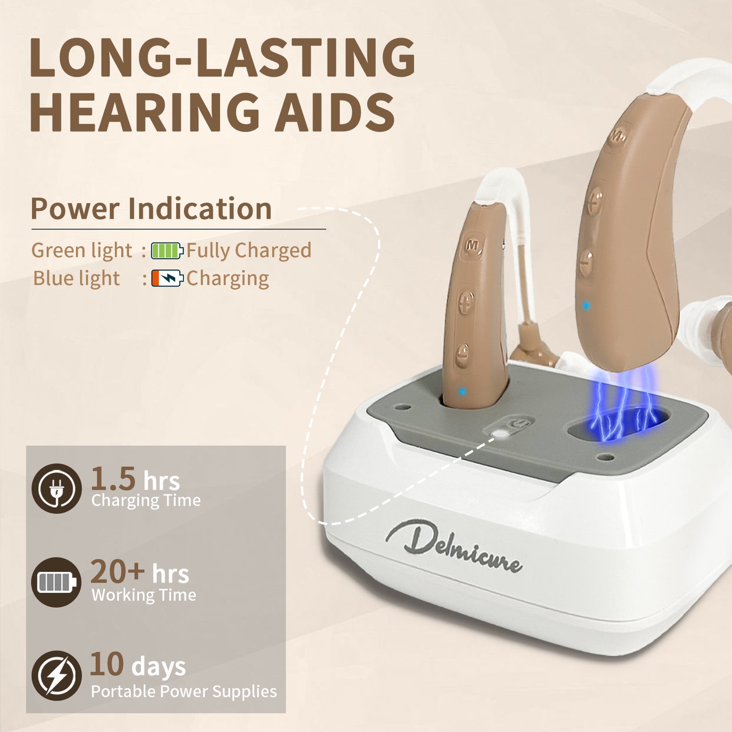 Delmicure VHP-1021 Hearing Aids for Adults, Hearing Amplifier with Charging Dock, Binarual (Beige) - Control with Button