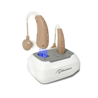 Delmicure VHP-1021 Hearing Aids for Adults, Hearing Amplifier with Charging Dock, Binarual (Beige) - Control with Button