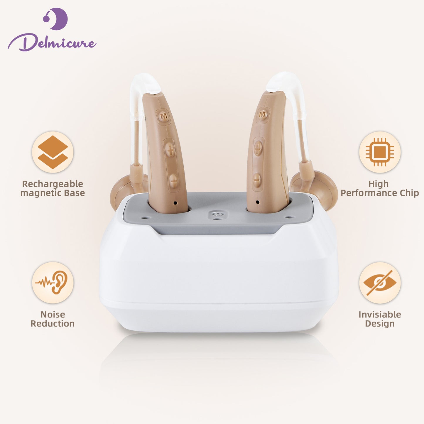 Delmicure VHP-1021 Hearing Aids for Adults, Hearing Amplifier with Charging Dock, Binarual (Beige), Control with Button_1
