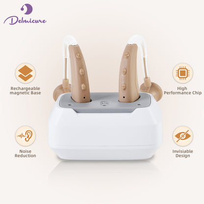 Delmicure VHP-1021 Hearing Aids for Adults, Hearing Amplifier with Charging Dock, Binarual (Beige), Control with Button_1
