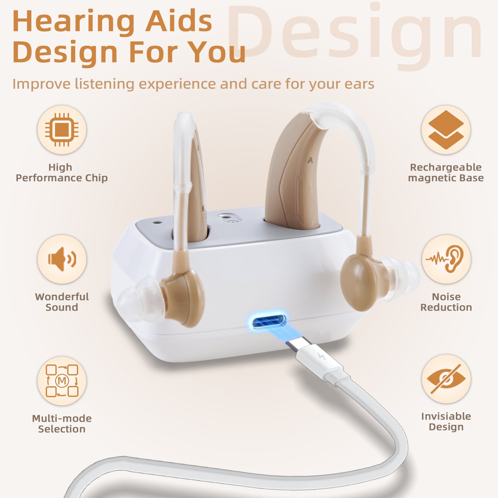 Delmicure VHP-1021 Hearing Aids for Adults, Hearing Amplifier with Charging Dock, Binarual (Beige), Control with Button_4
