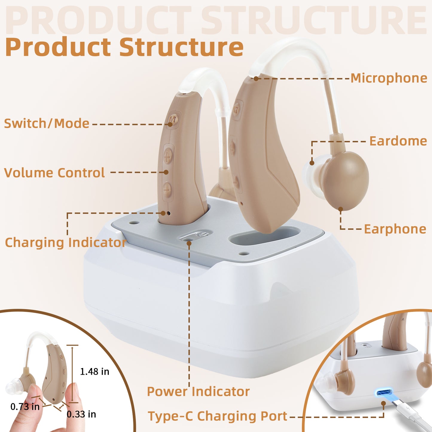Delmicure VHP-1021 Hearing Aids for Adults, Hearing Amplifier with Charging Dock, Binarual (Beige), Control with Button_5
