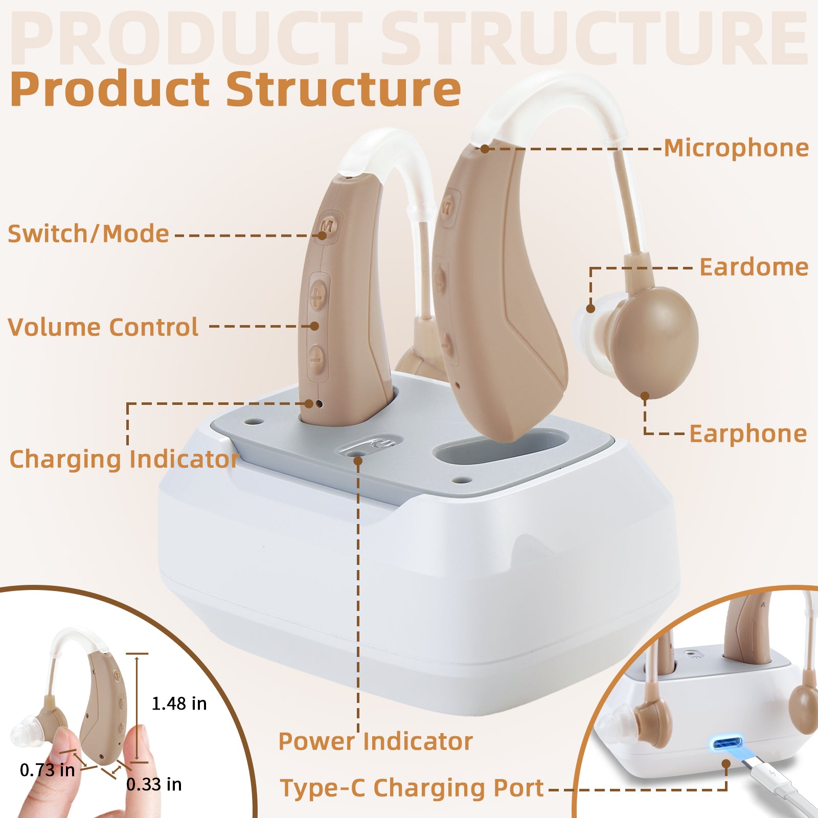 Delmicure VHP-1021 Hearing Aids for Adults, Hearing Amplifier with Charging Dock, Binarual (Beige), Control with Button_5
