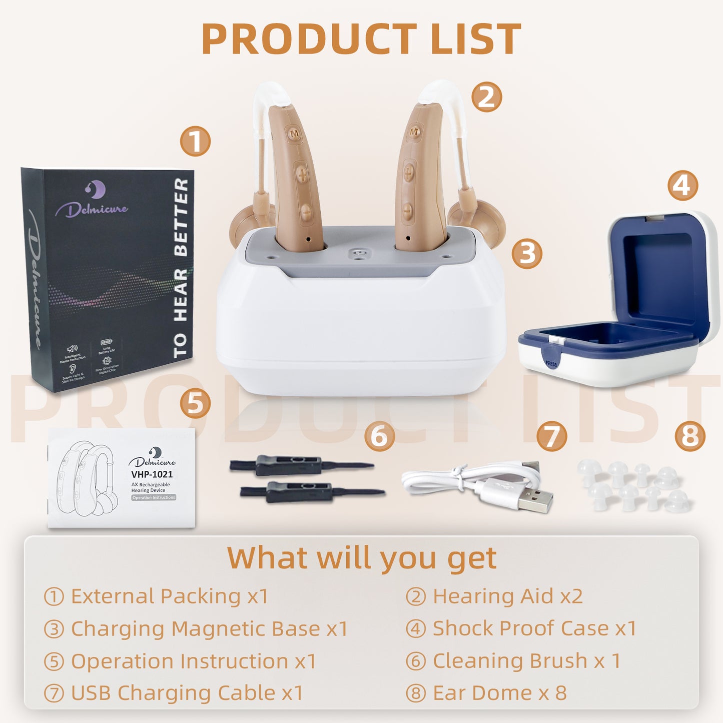 Delmicure VHP-1021 Hearing Aids for Adults, Hearing Amplifier with Charging Dock, Binarual (Beige), Control with Button_7
