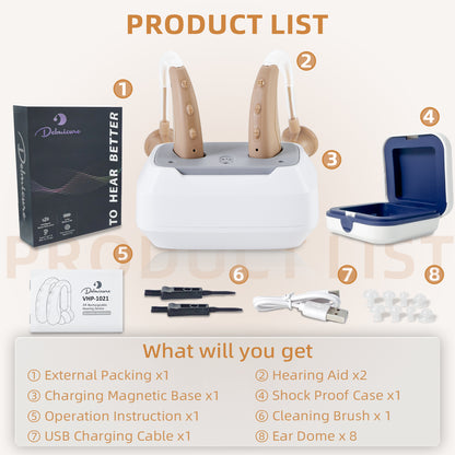 Delmicure VHP-1021 Hearing Aids for Adults, Hearing Amplifier with Charging Dock, Binarual (Beige), Control with Button_7
