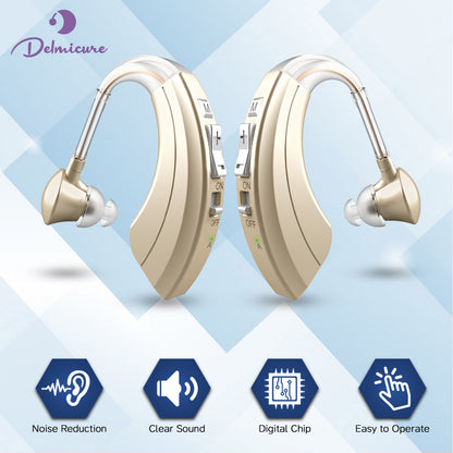 Delmicure VHP-1220AX BTE Hearing Aids with Dynamic Drive Speaker, Full Digital Signal Processing, Binarual (Gold)_1
