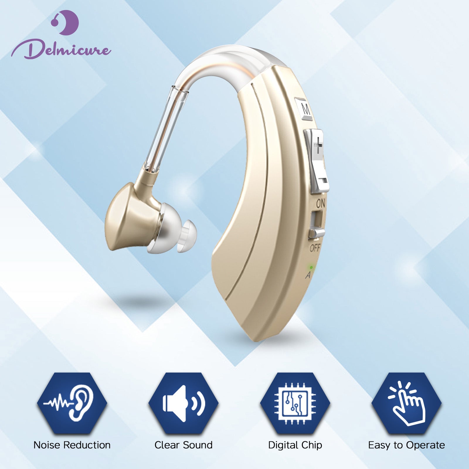 Delmicure VHP-1220AX BTE Hearing Aids with Dynamic Drive Speaker, Full Digital Signal Processing, Single (Gold)_1
