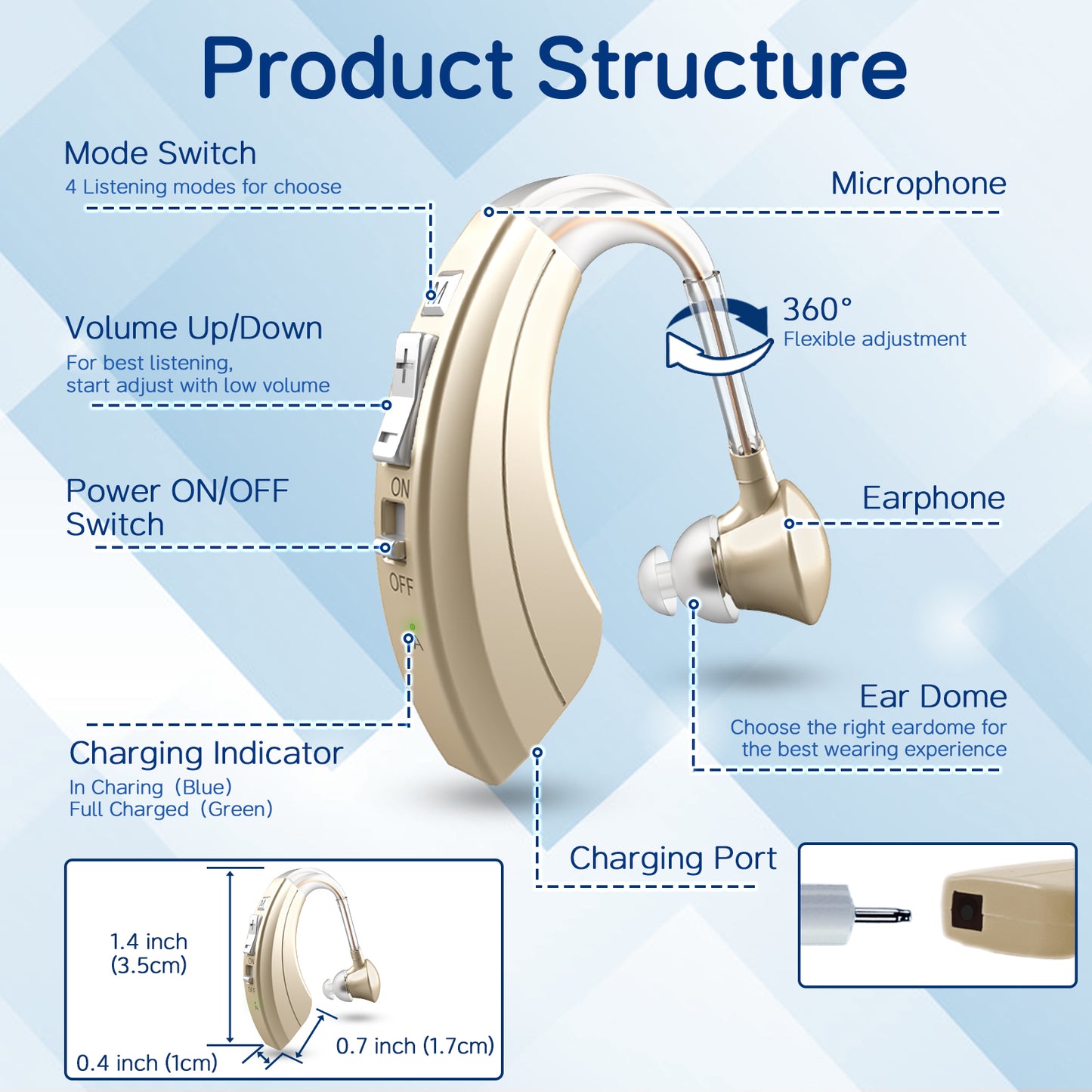 Delmicure VHP-1220AX BTE Hearing Aids with Dynamic Drive Speaker, Full Digital Signal Processing, Single (Gold)_4

