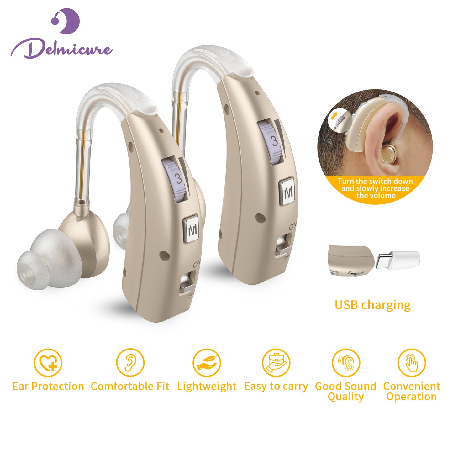 Delmicure VHP-1303 Hearing Aids For Seniors with 2 Frequency Modes, Dual Machine, Gold-1
