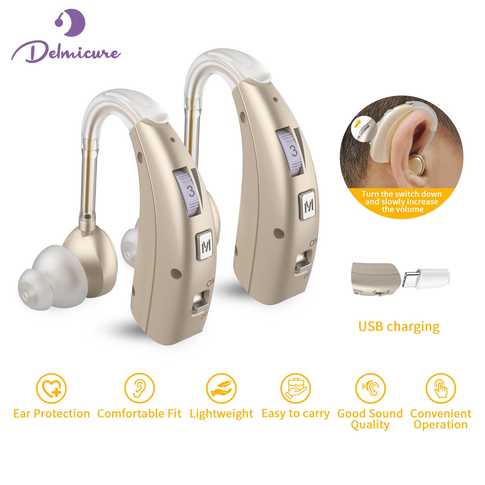 Delmicure VHP-1303 Hearing Aids For Seniors with 2 Frequency Modes, Dual Machine, Gold-1
