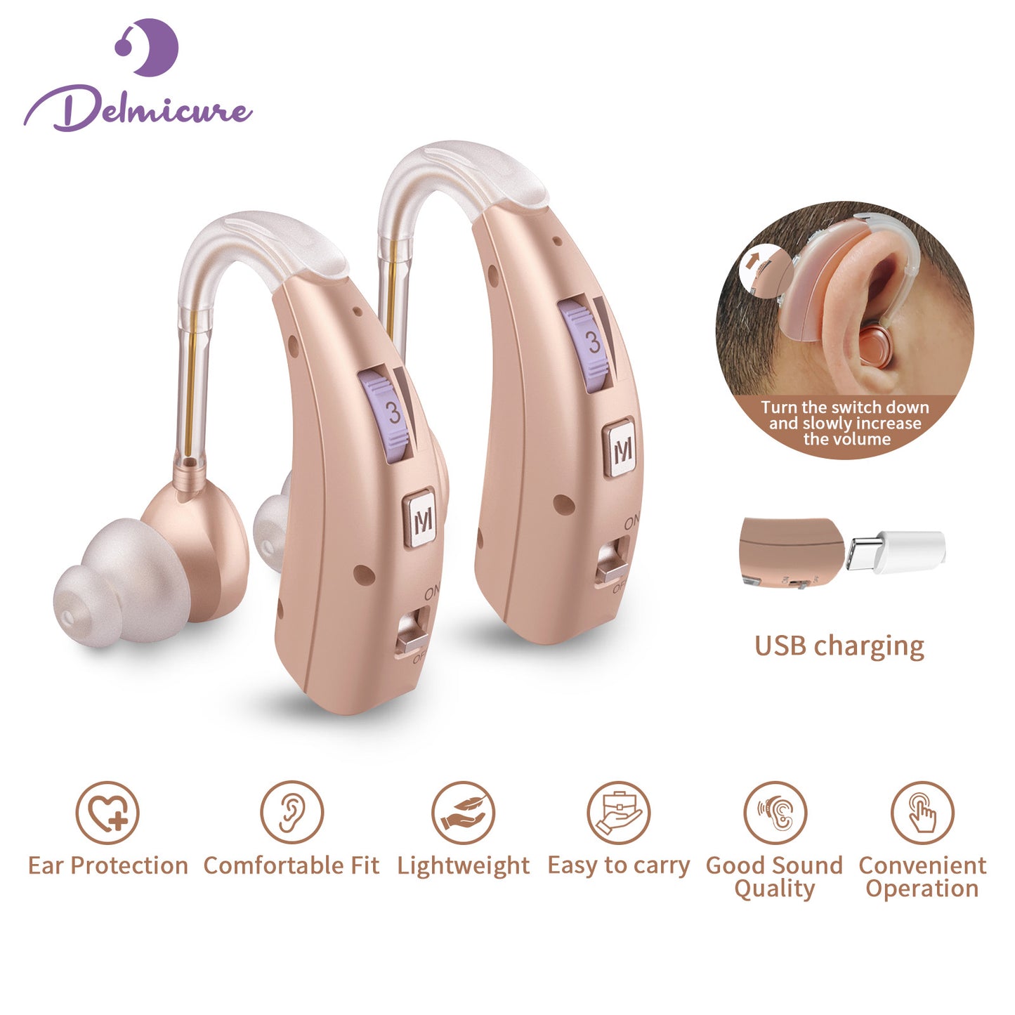 Delmicure VHP-1303 Hearing Aids For Seniors with 2 Frequency Modes, Single Machine,Beige-1
