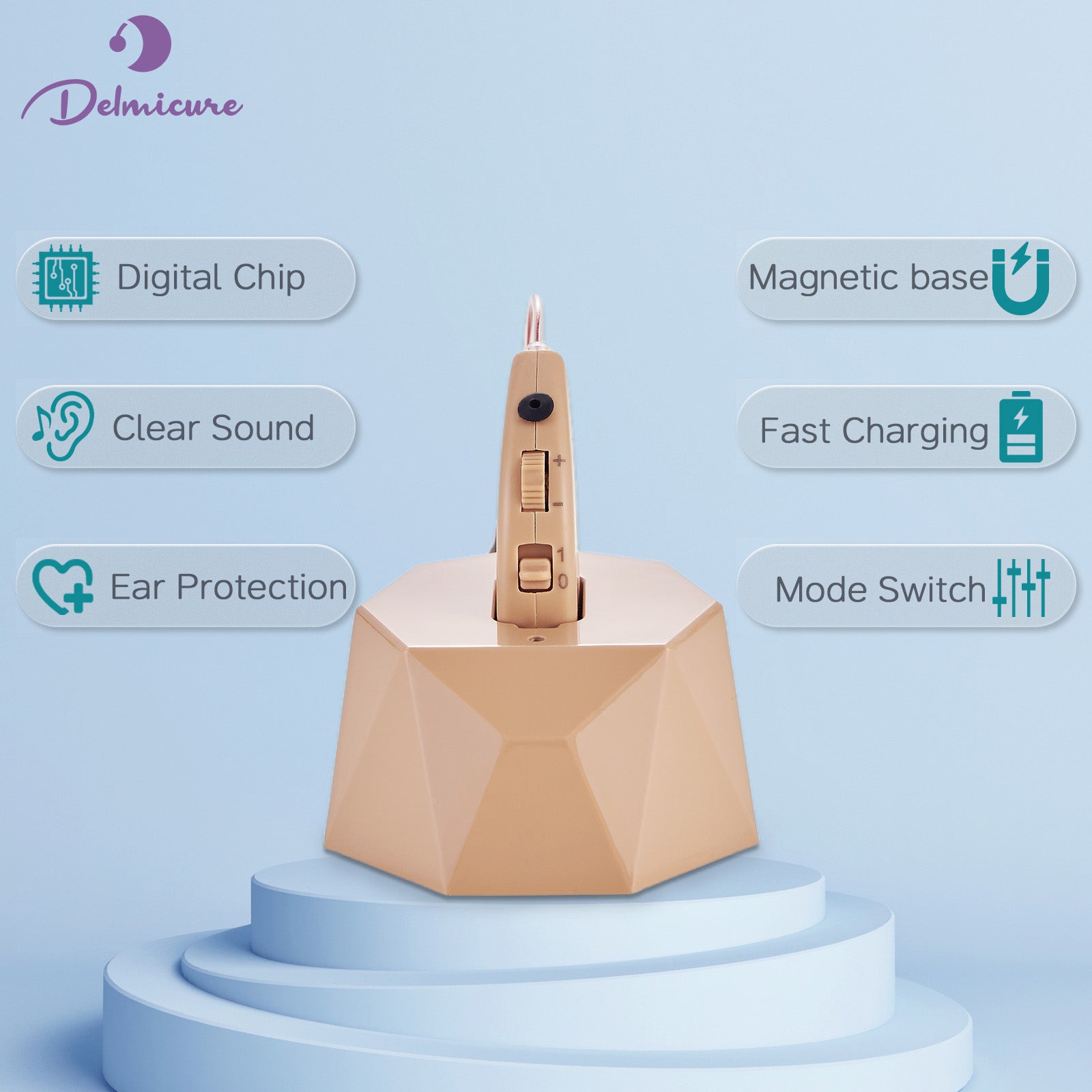 Delmicure VHP-1505 Hearing Aid, Rechargeable Hearing Amplifier with Charging Dock, Single (Beige)_1
