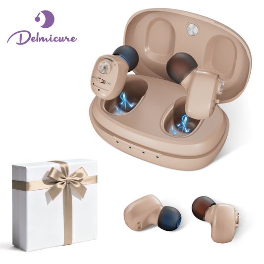 Delmicure VHP-1607 Hearing Aids, Rechargeable Hearing Amplifiers with Portable Charging Case, Binaural (Beige)