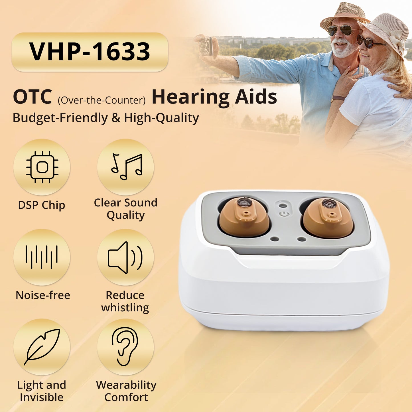 Delmicure VHP-1633 Hearing Aids, Rechargeable Hearing Amplifiers with Charging Dock, Binaural (Beige)_3
