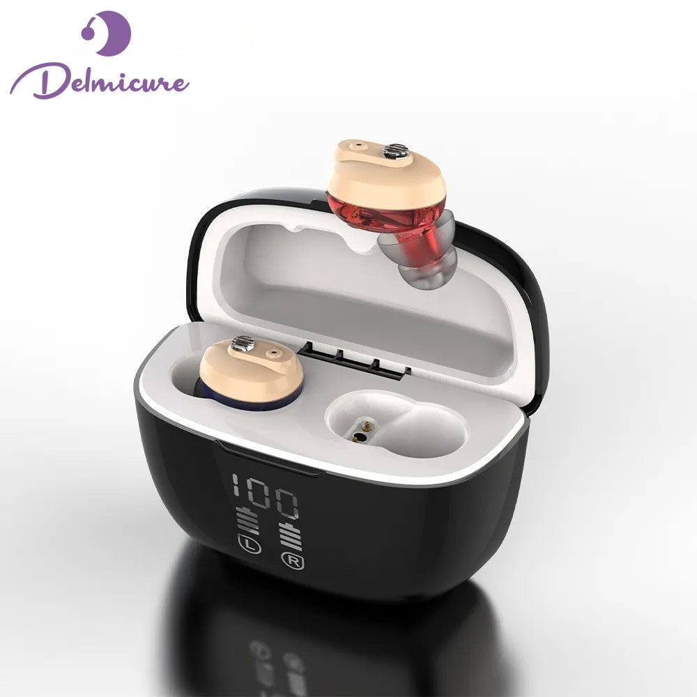 Delmicure VHP-1633 Hearing Aids, Rechargeable Hearing Amplifiers with Portable Charging Case, Binaural (Beige)_1
