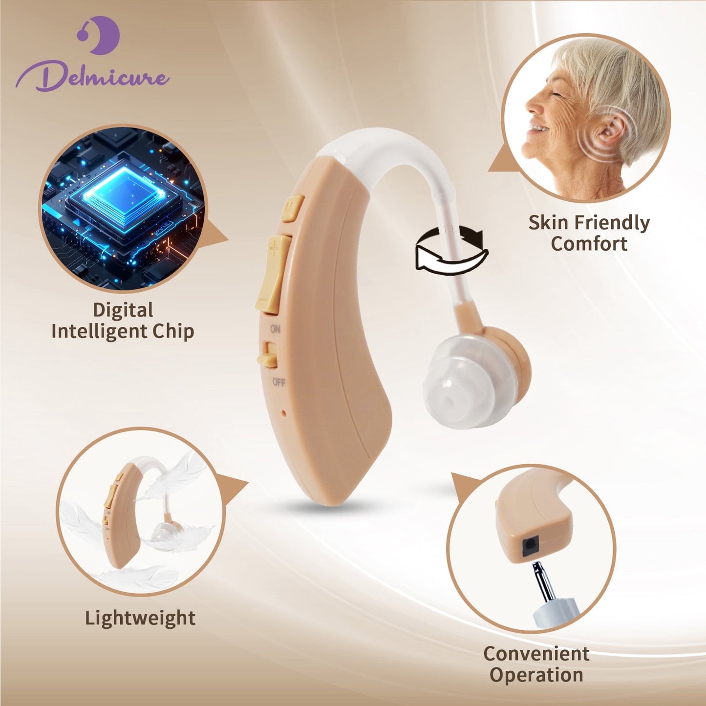 Delmicure VHP-1220 Hearing Aid for Seniors, Rechargeable Hearing Amplifier for Hearing Loss, Single (Beige)