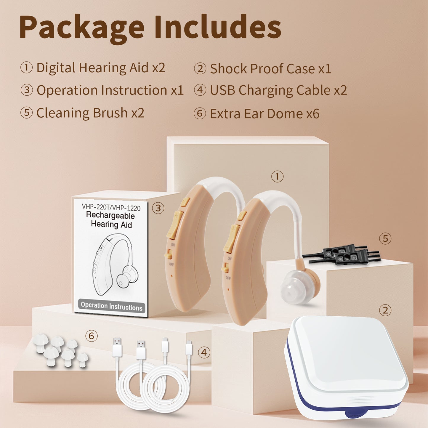 Delmicure VHP-1220 Hearing Aids for Seniors, Rechargeable Hearing Amplifiers for Hearing Loss, Binaural (Beige) - Regular Speaker