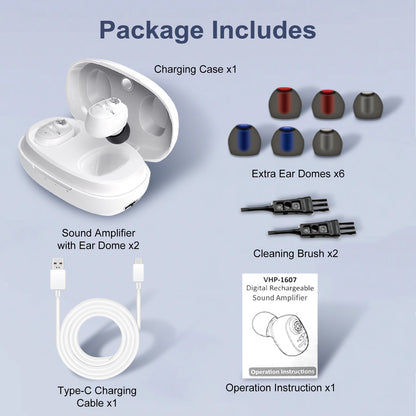Delmicure VHP-1607 Hearing Aids, Rechargeable Hearing Amplifiers with Portable Charging Case, Binaural (White)