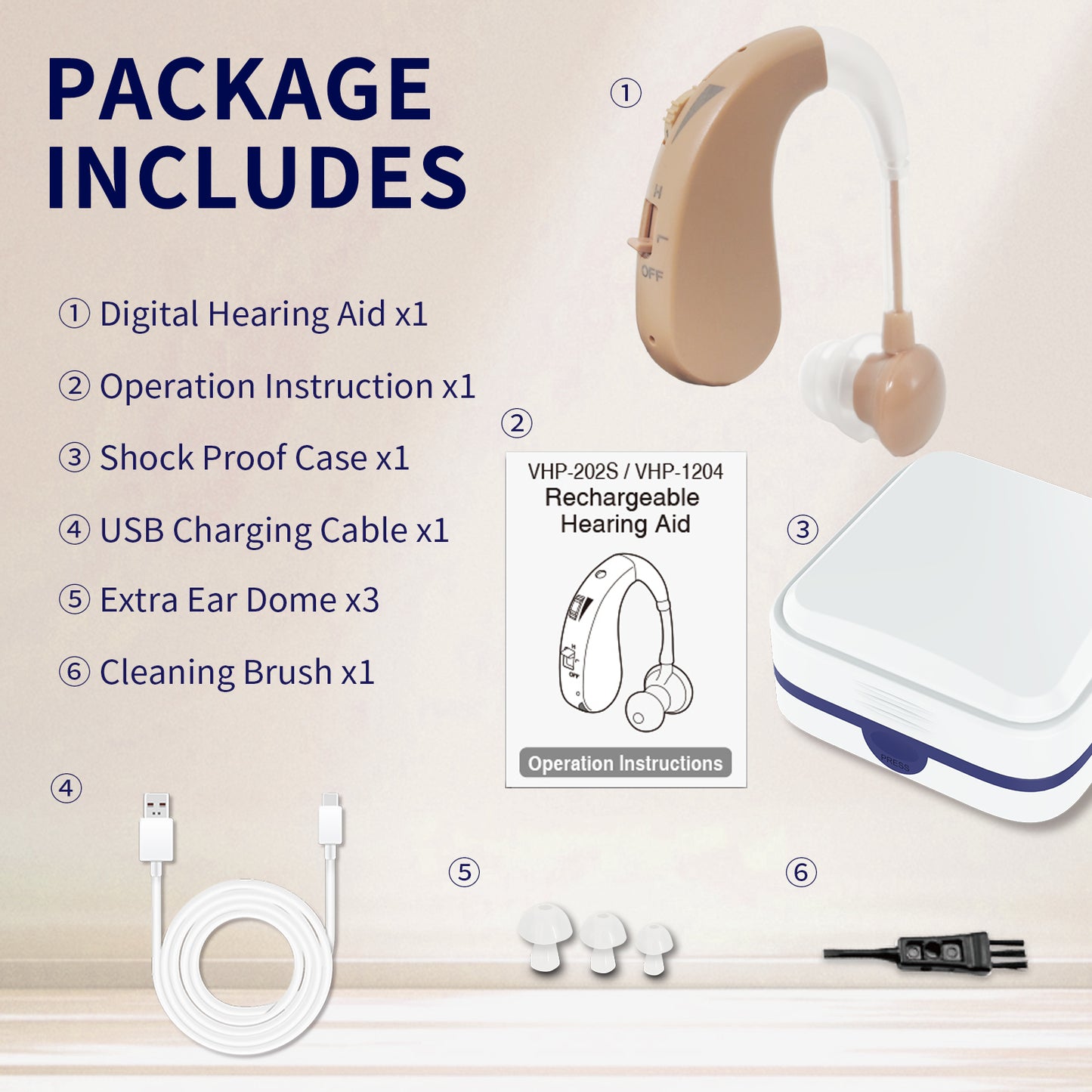 Delmicure VHP-1204 Hearing Aid for Seniors, Rechargeable Hearing Amplifier for Hearing Loss, Single (Beige)