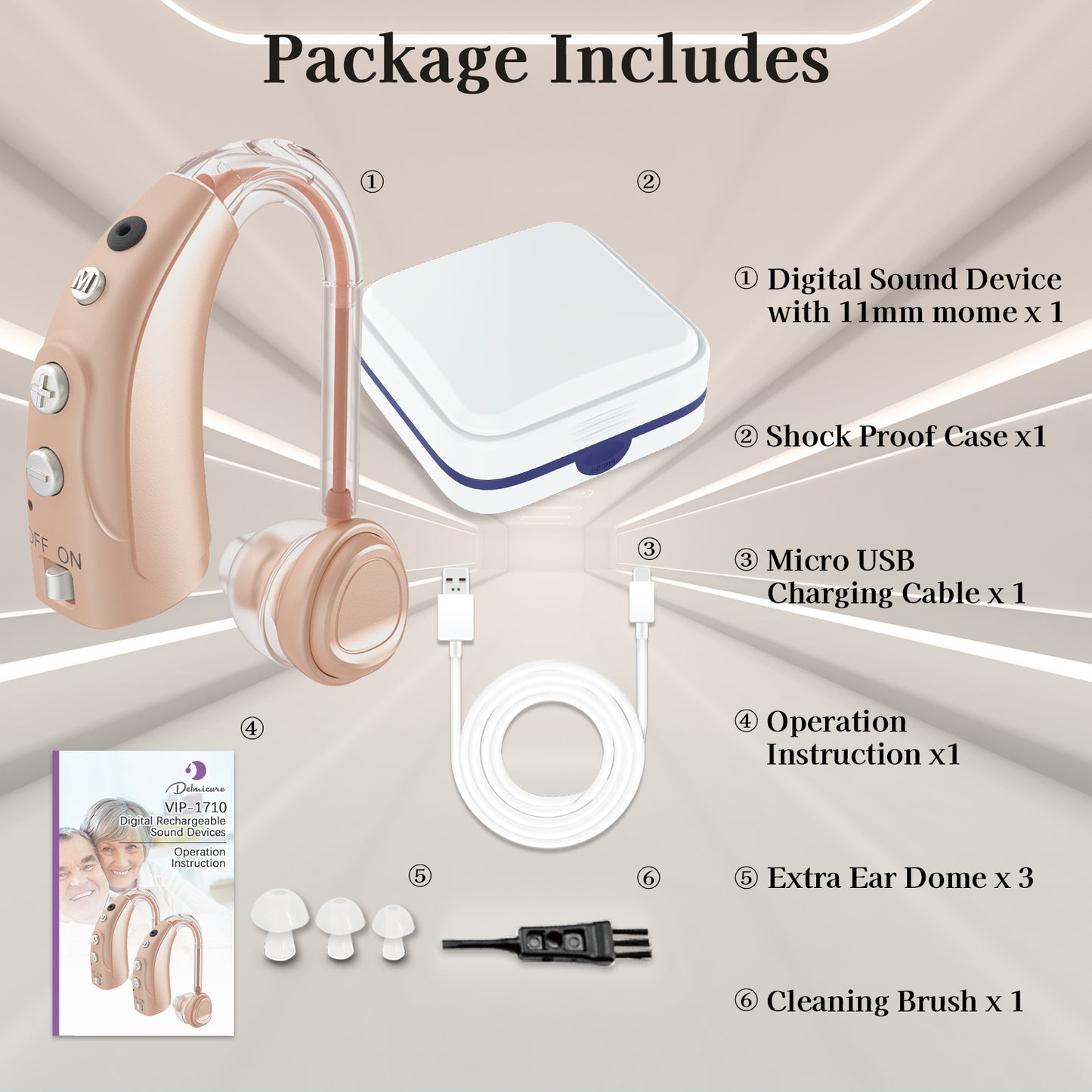 Delmicure VHP-1710 Digital Hearing Aids for Adults with 16 Channels & 4 Modes, for Hearing Loss, Single (Beige)