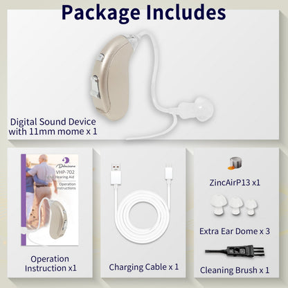 Delmicure VHP-702 Digital Hearing Aid - Rechargeable Digital Hearing Aid for Adults: BTE Device with Adjustable Volume and Mode, Clear Voice with Noise Cancelling Chip, Lightweight Design