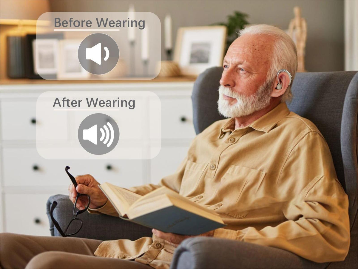 Older man wearing a hearing aid while relaxing with a book at home