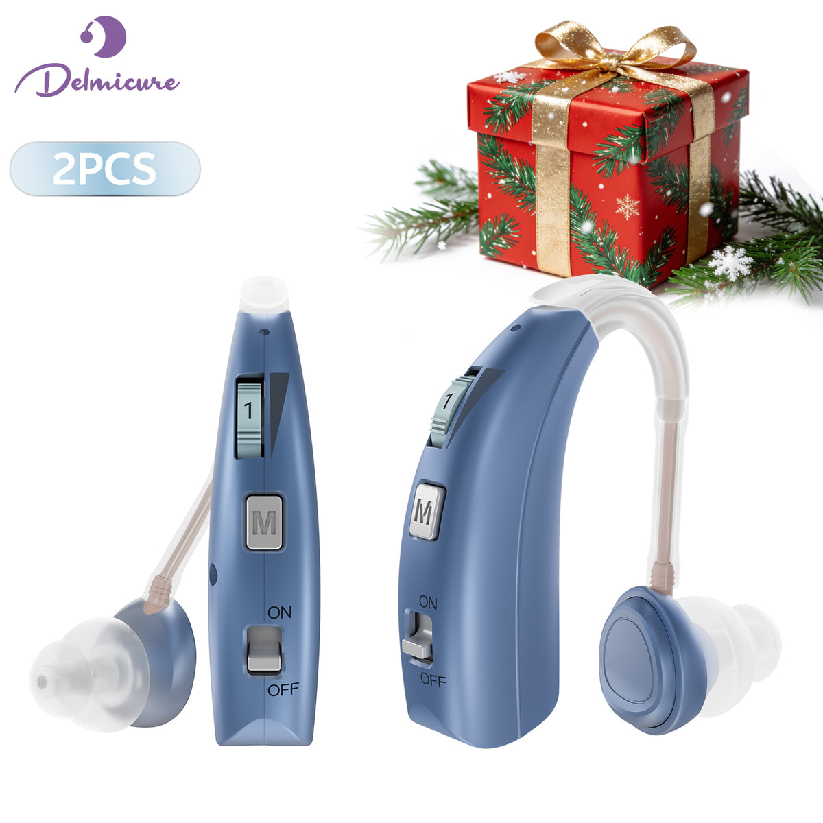 Two blue Delmicure VHP-1303 hearing aids with clear sound tubes and silicone ear domes