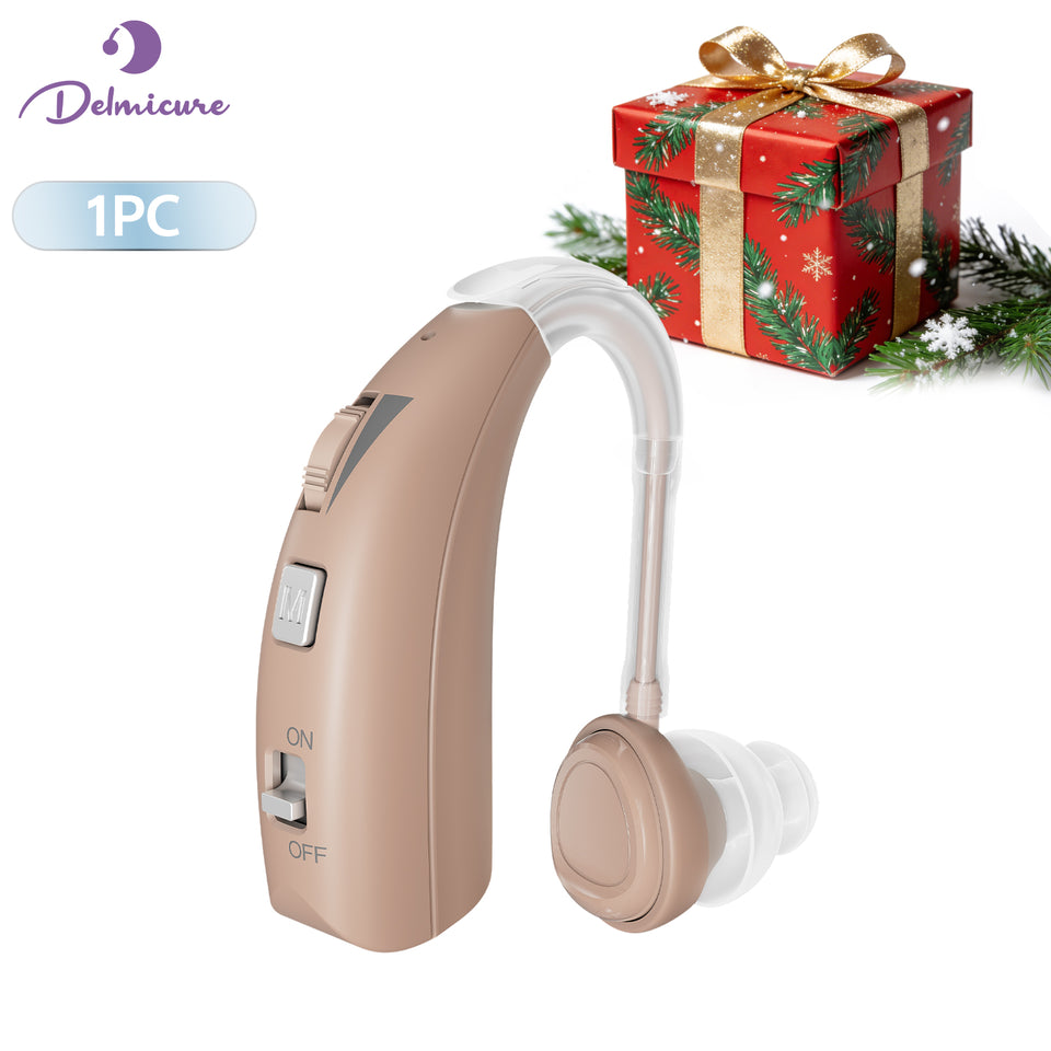 One beige Delmicure VHP-1303 hearing aid with clear sound tubes and silicone ear domes