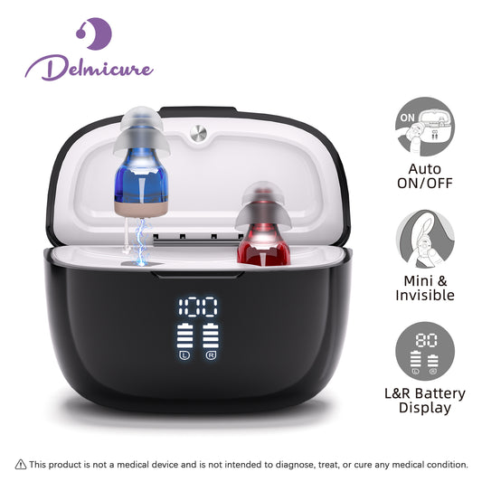 Delmicure VHP-1631 in-ear hearing aid pair with red and blue housings and a black charging case