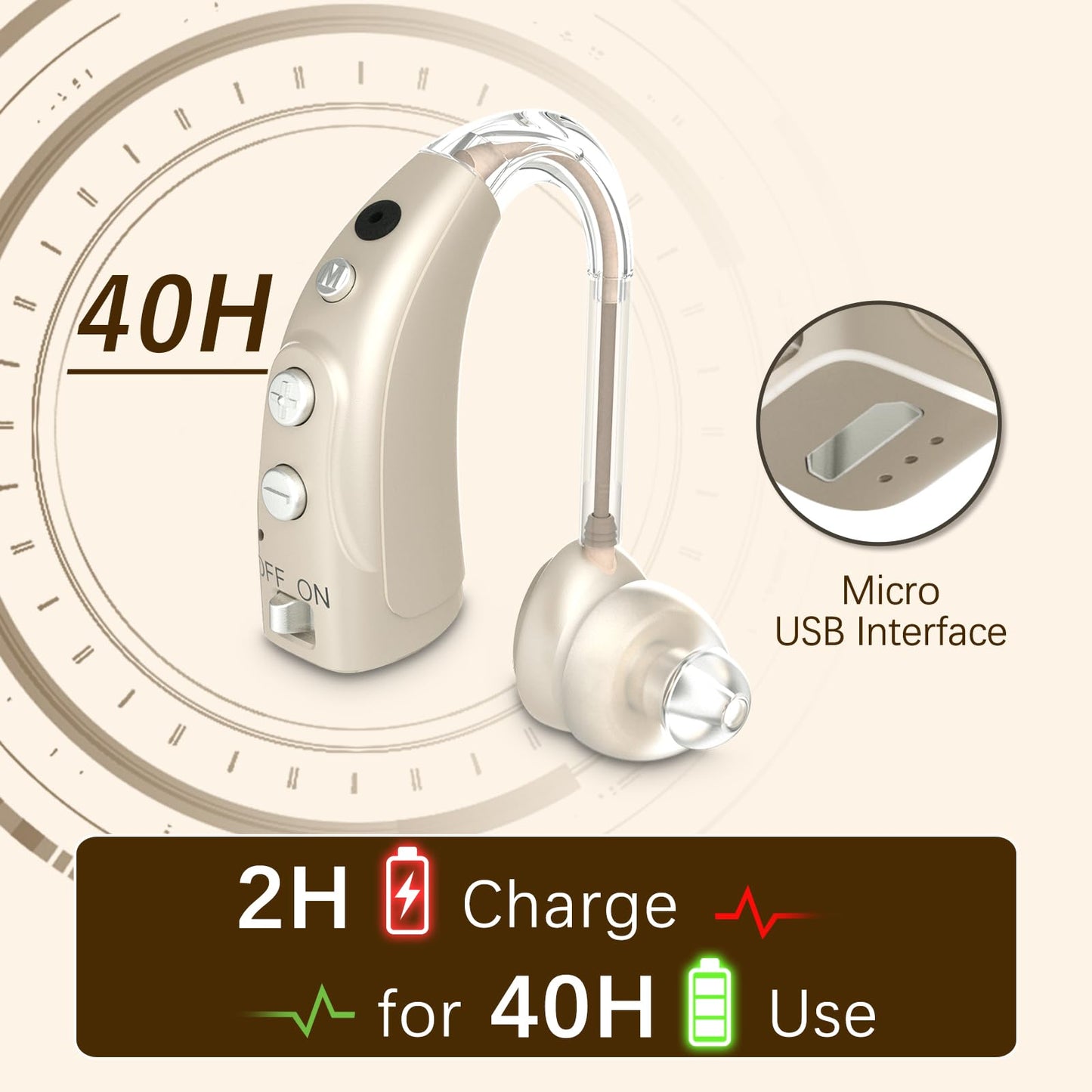 Delmicure VHP-1710 Digital Hearing Aids for Adults with 16 Channels & 4 Modes, for Hearing Loss, Single (Gold)