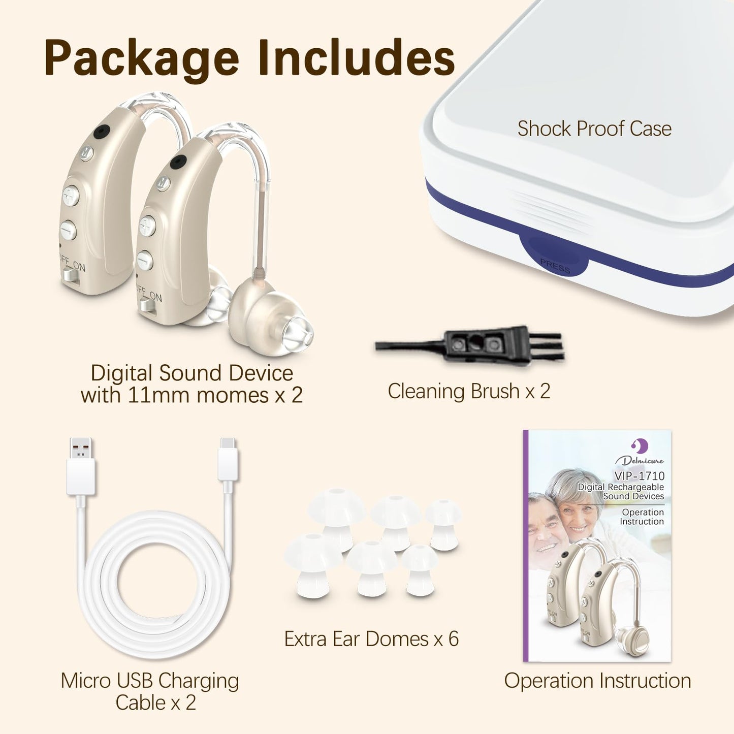 Delmicure VHP-1710 Digital Hearing Aids for Adults with 16 Channels & 4 Modes, for Hearing Loss, Binaural (Gold)