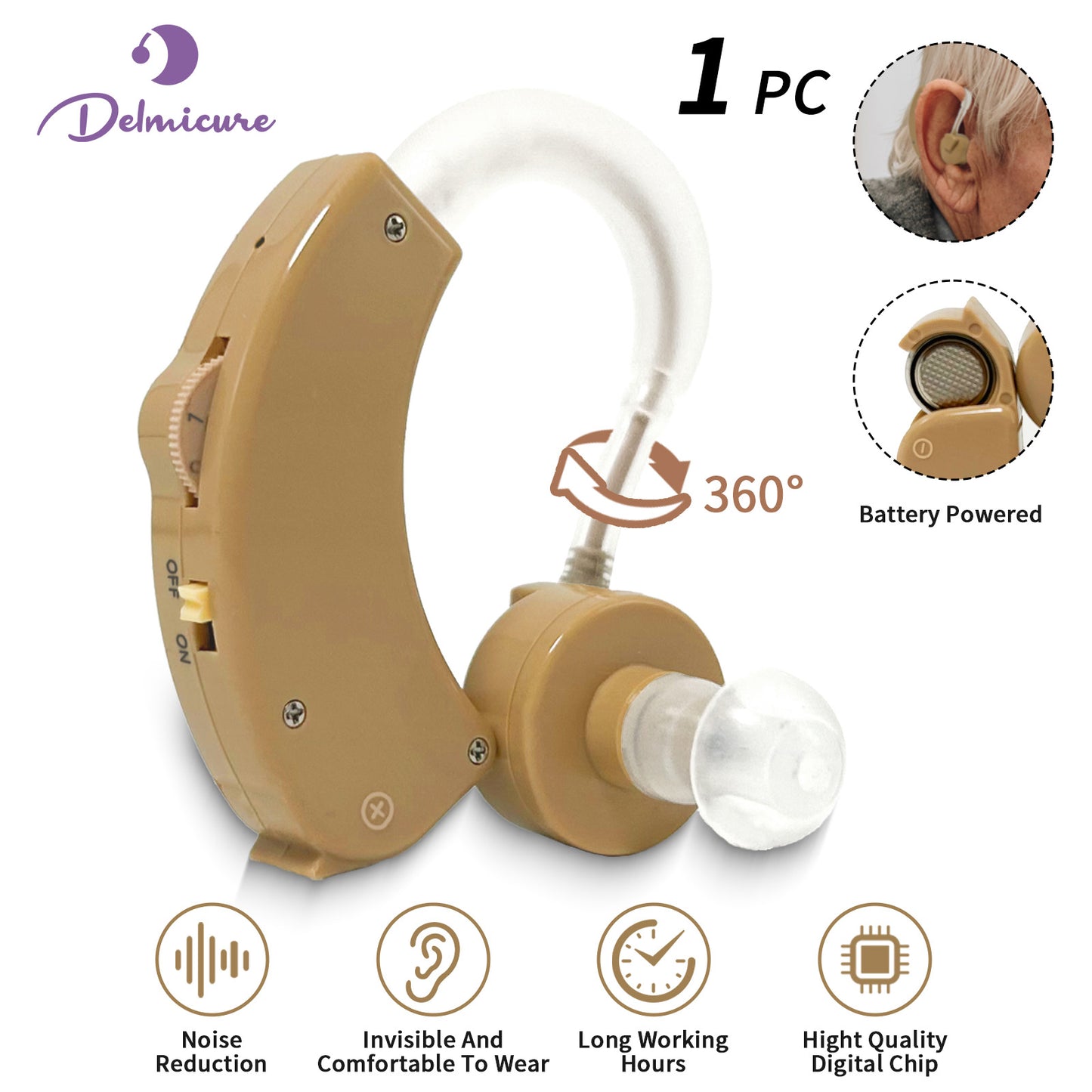 Delmicure HAP-20 Hearing Amplifier for Seniors, with Replaceable Battery, Single (Beige)