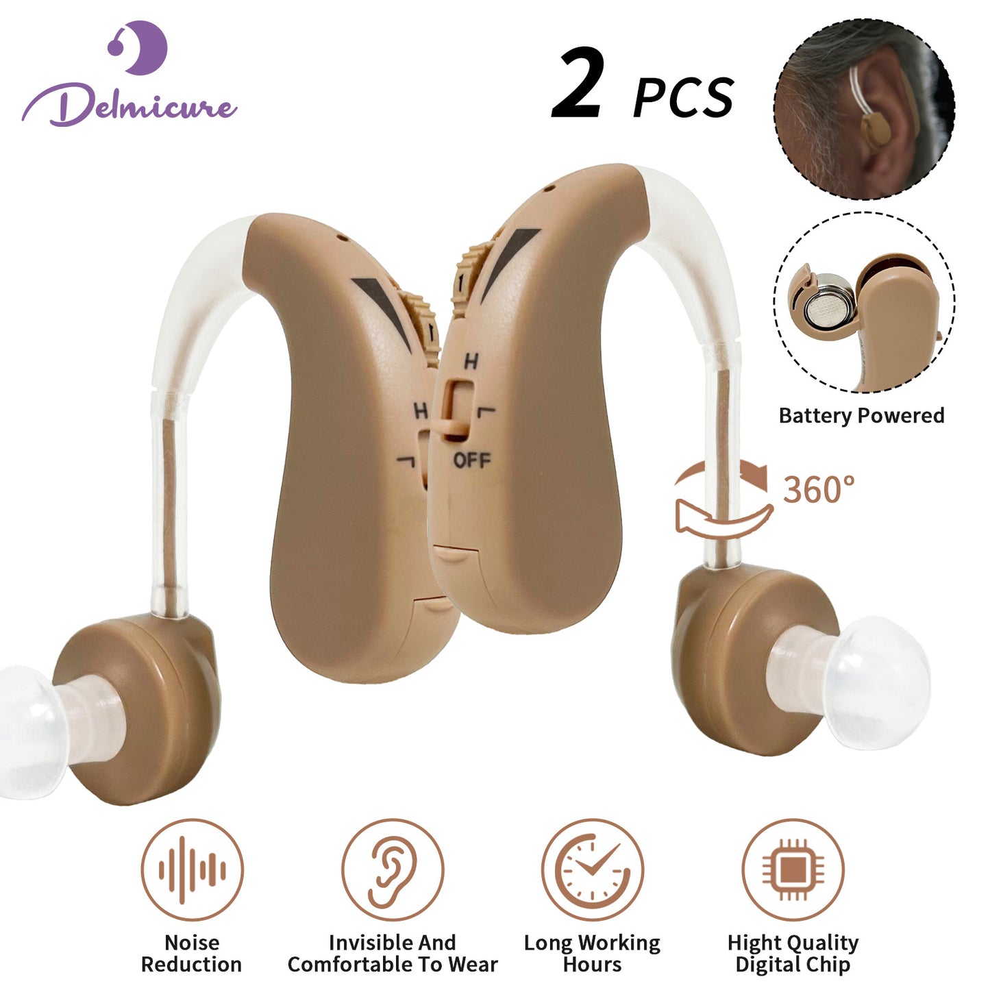 Delmicure HAP-20T Hearing Amplifiers for Seniors, Sound Amplifiers with Replaceable Battery, Binaural (Beige) - Upgrade