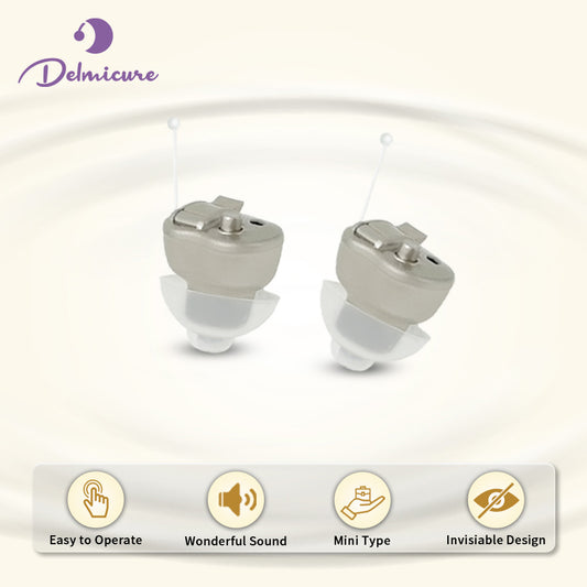 Delmicure VHP-603 Hearing Amplifiers for Seniors, ITE Hearing Aids with Replaceable Battery, Binaural (Gold)