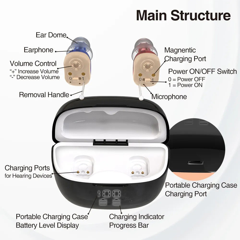 Delmicure VHP-1631 Hearing Aids, Rechargeable Hearing Amplifiers with Portable Charging Case, Binaural (Beige)