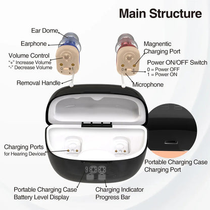 Delmicure VHP-1631 Hearing Aids, Rechargeable Hearing Amplifiers with Portable Charging Case, Binaural (Beige)