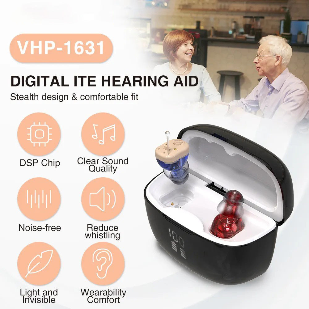 Delmicure VHP-1631 Hearing Aids, Rechargeable Hearing Amplifiers with Portable Charging Case, Binaural (Beige)