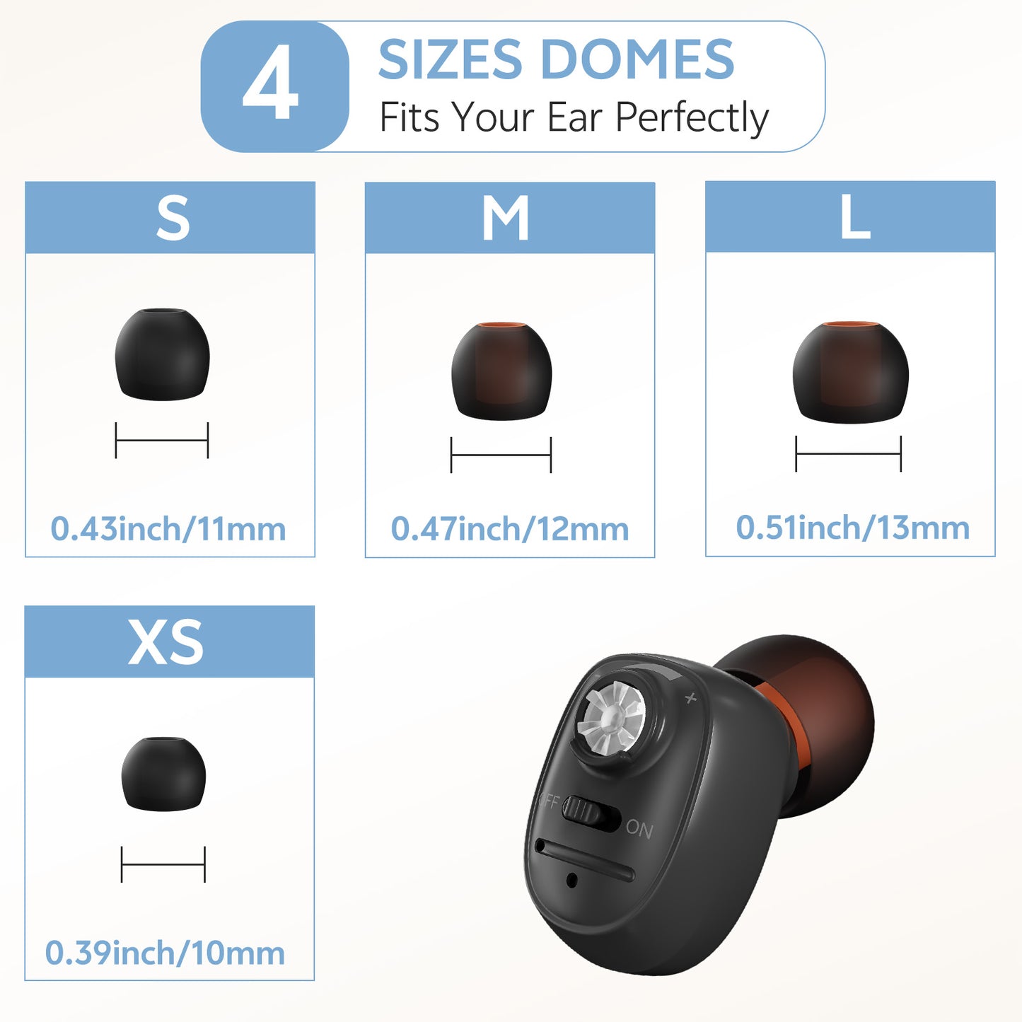 Single-ear personal sound device black with multiple ear tip sizes