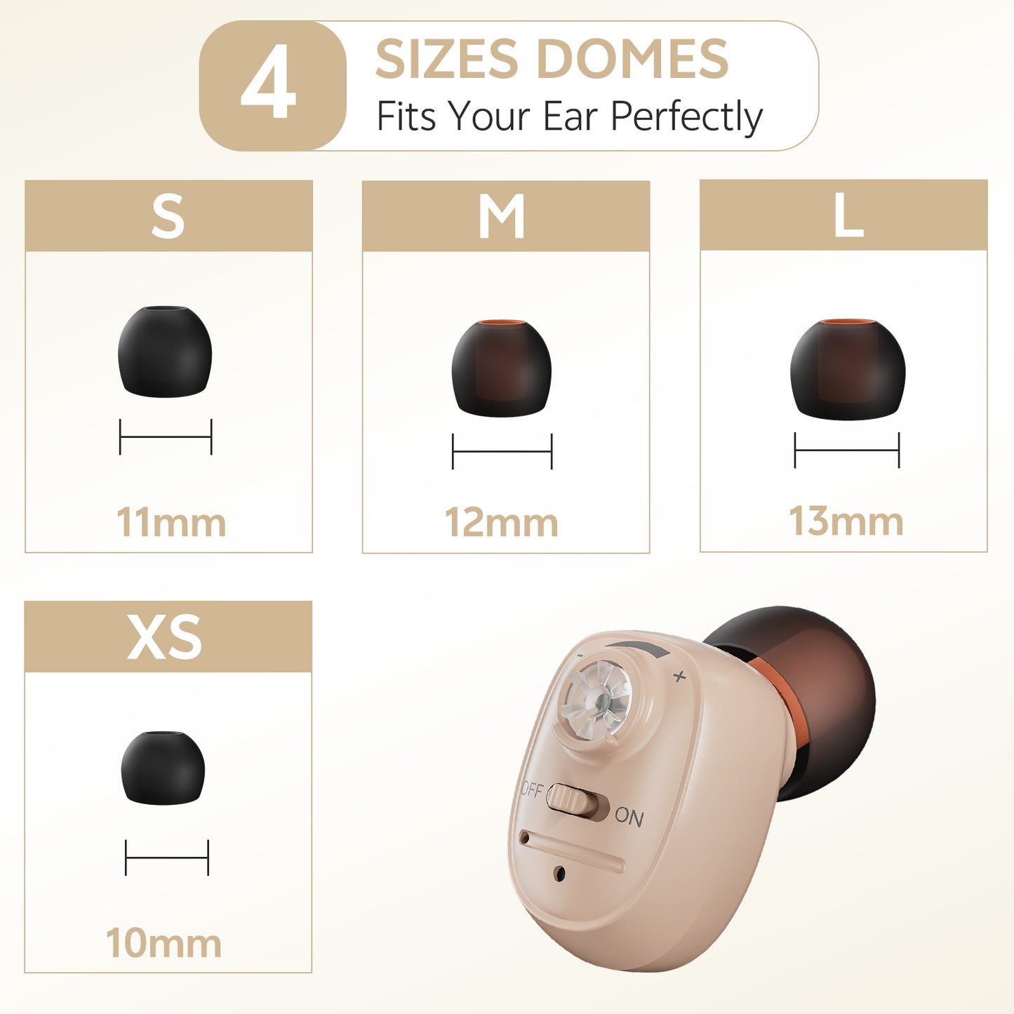 Single-ear hearing aid beige with multiple ear tip sizes