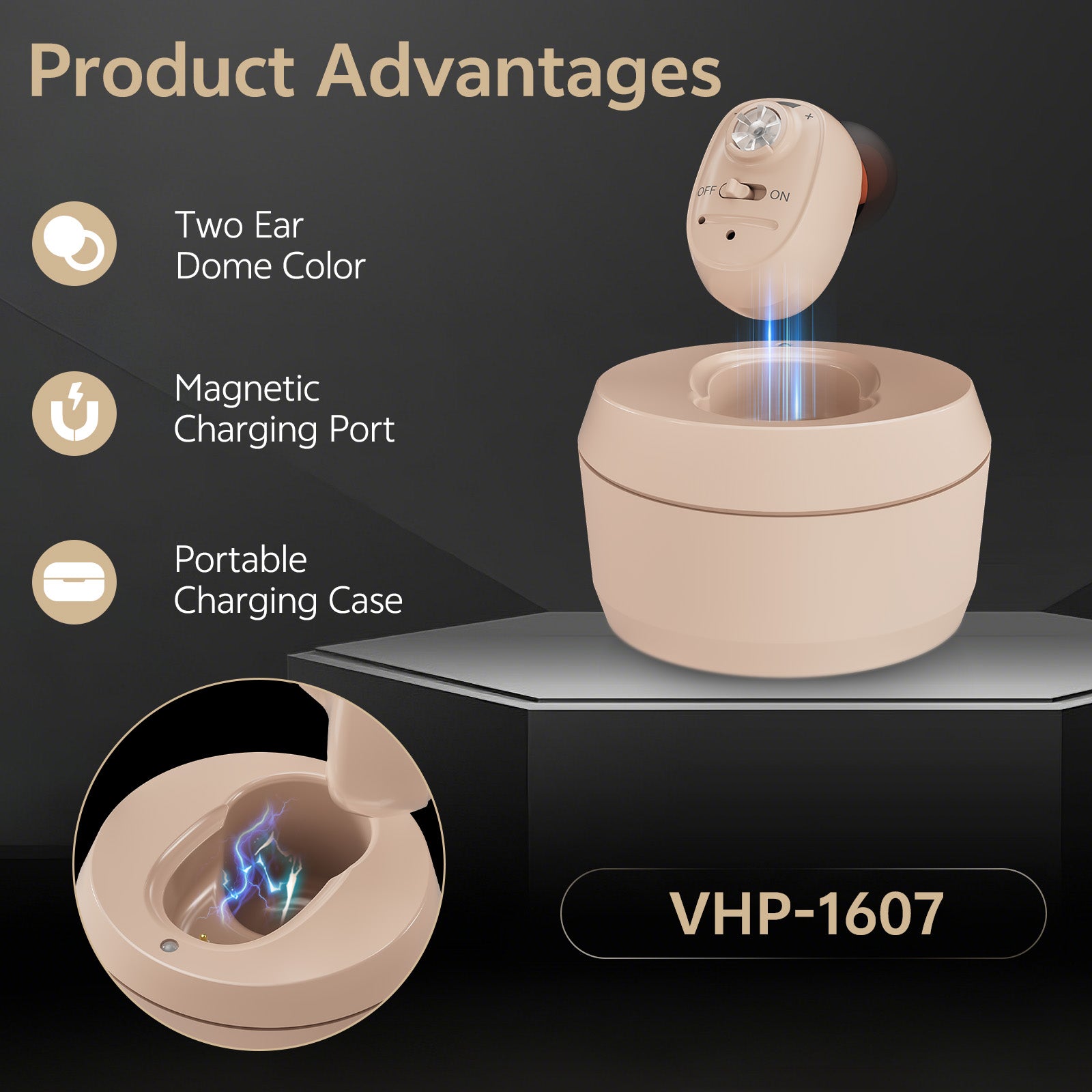 Key features of Delmicure VHP-1607 single-ear hearing aid beige
