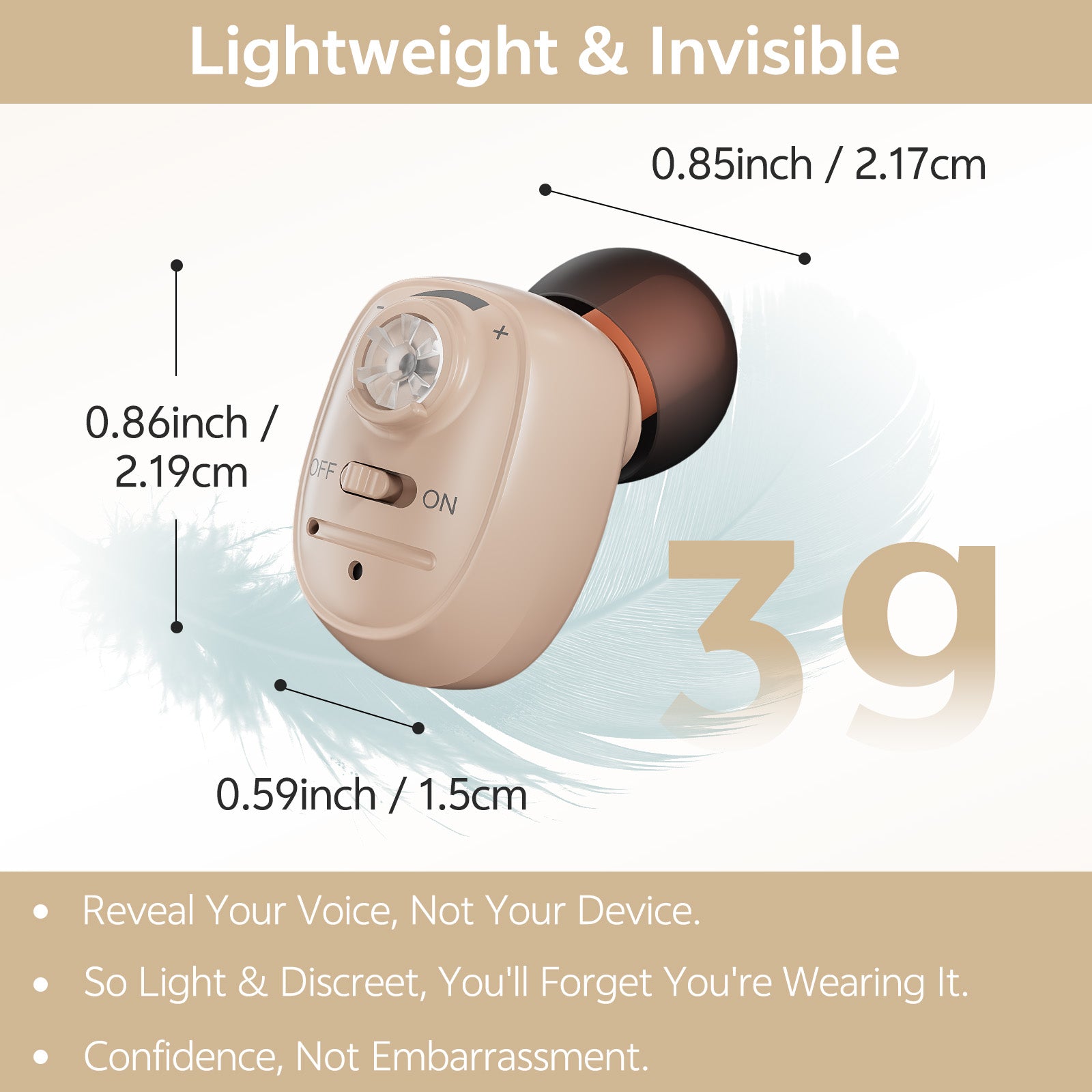Delmicure VHP-1607 single-ear hearing aid beige size and weight overview