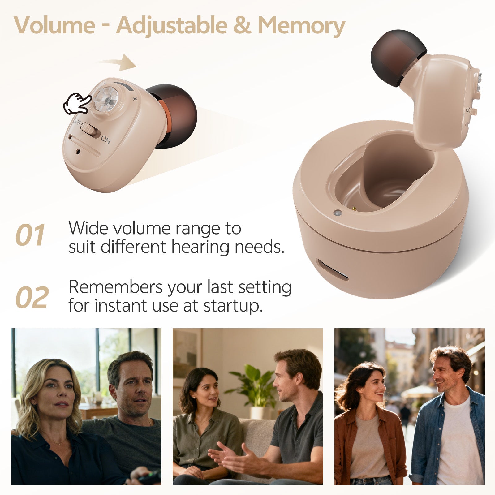 Single-ear hearing aid beige volume control detail