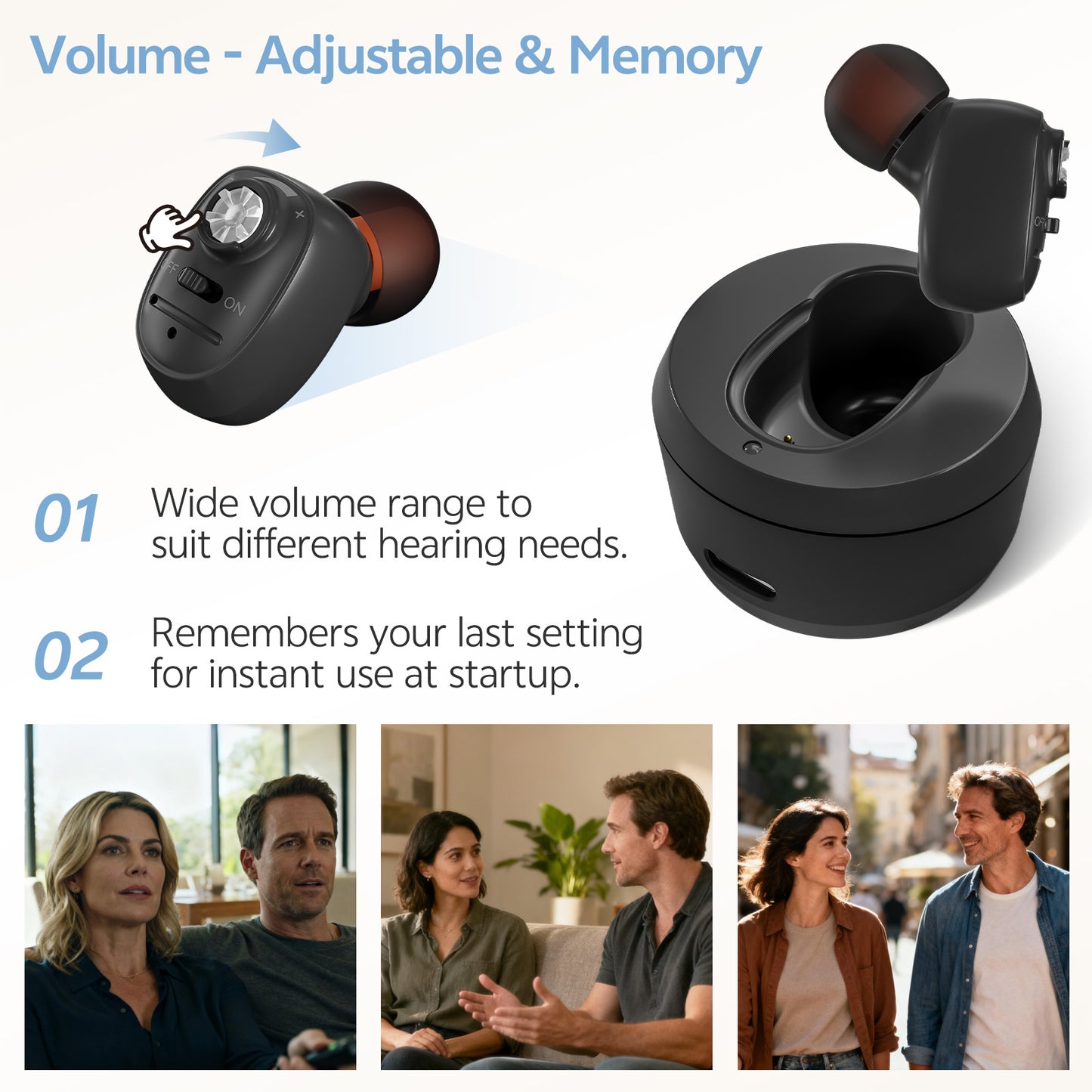 Single-ear hearing aid black volume control detail