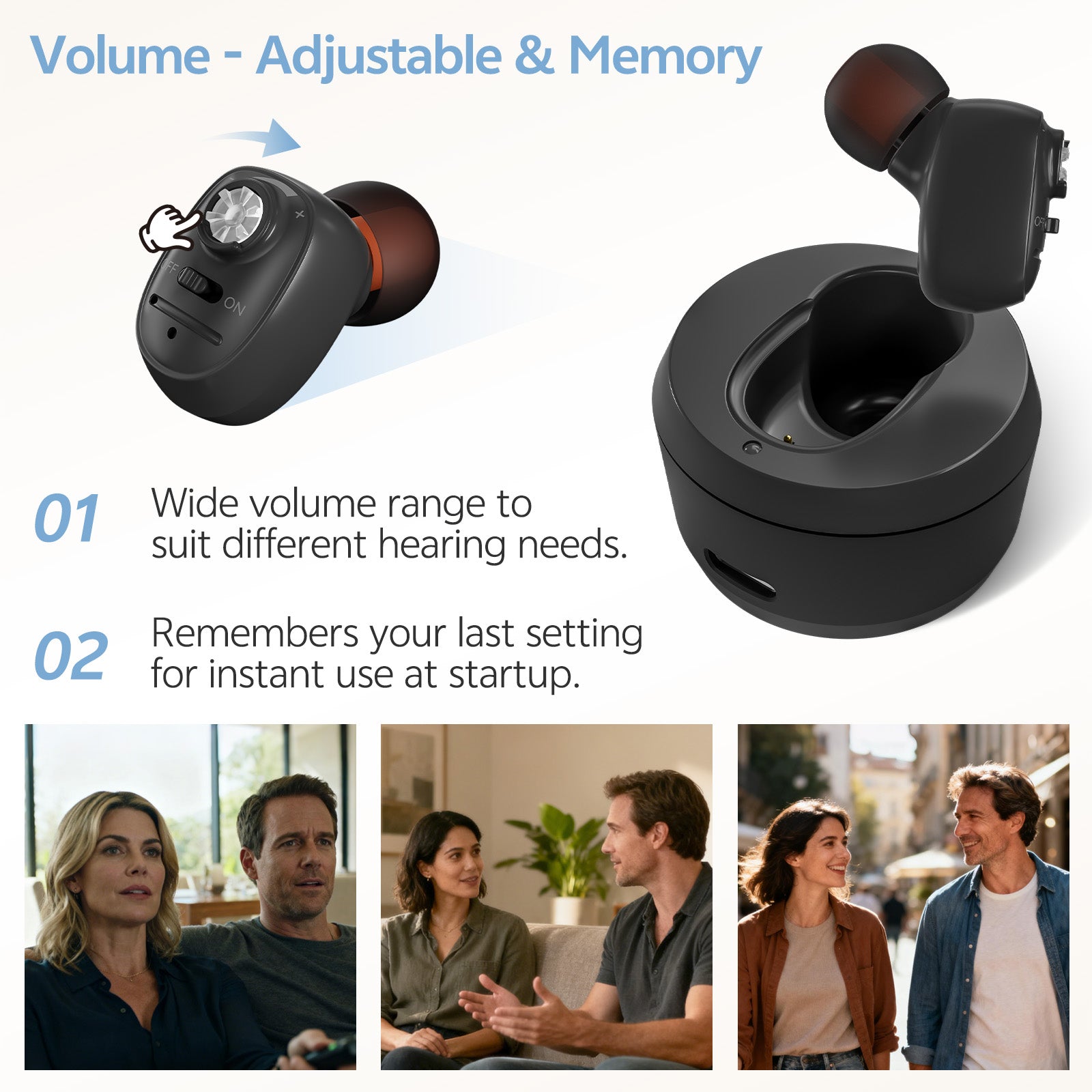 Single-ear hearing aid black volume control detail